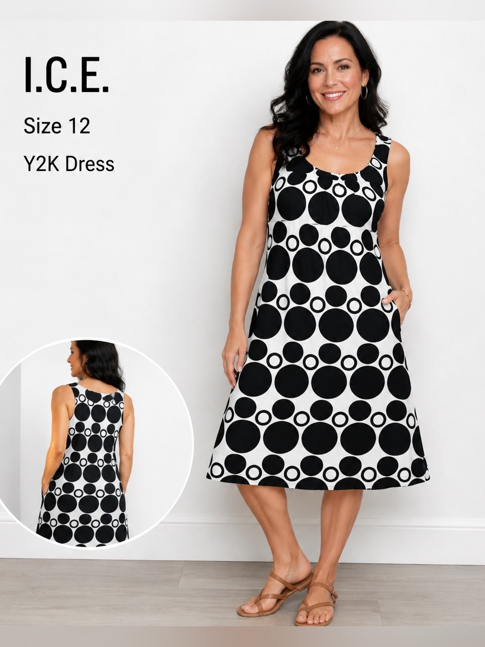 I.C.E. Black & White Polka Dot Sleeveless Y2K Dress Size 12